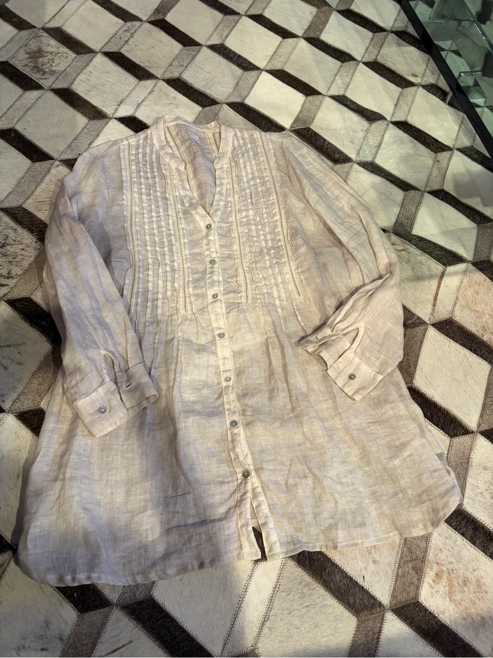 120% Lino oatmeal Pintuck Button-Front Tunic Dress eu 42/6/M